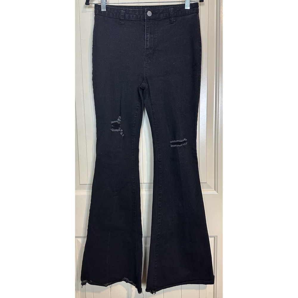 Womens Black Flare Distressed High Rise Frayed Hem Stretch Jeans sz L